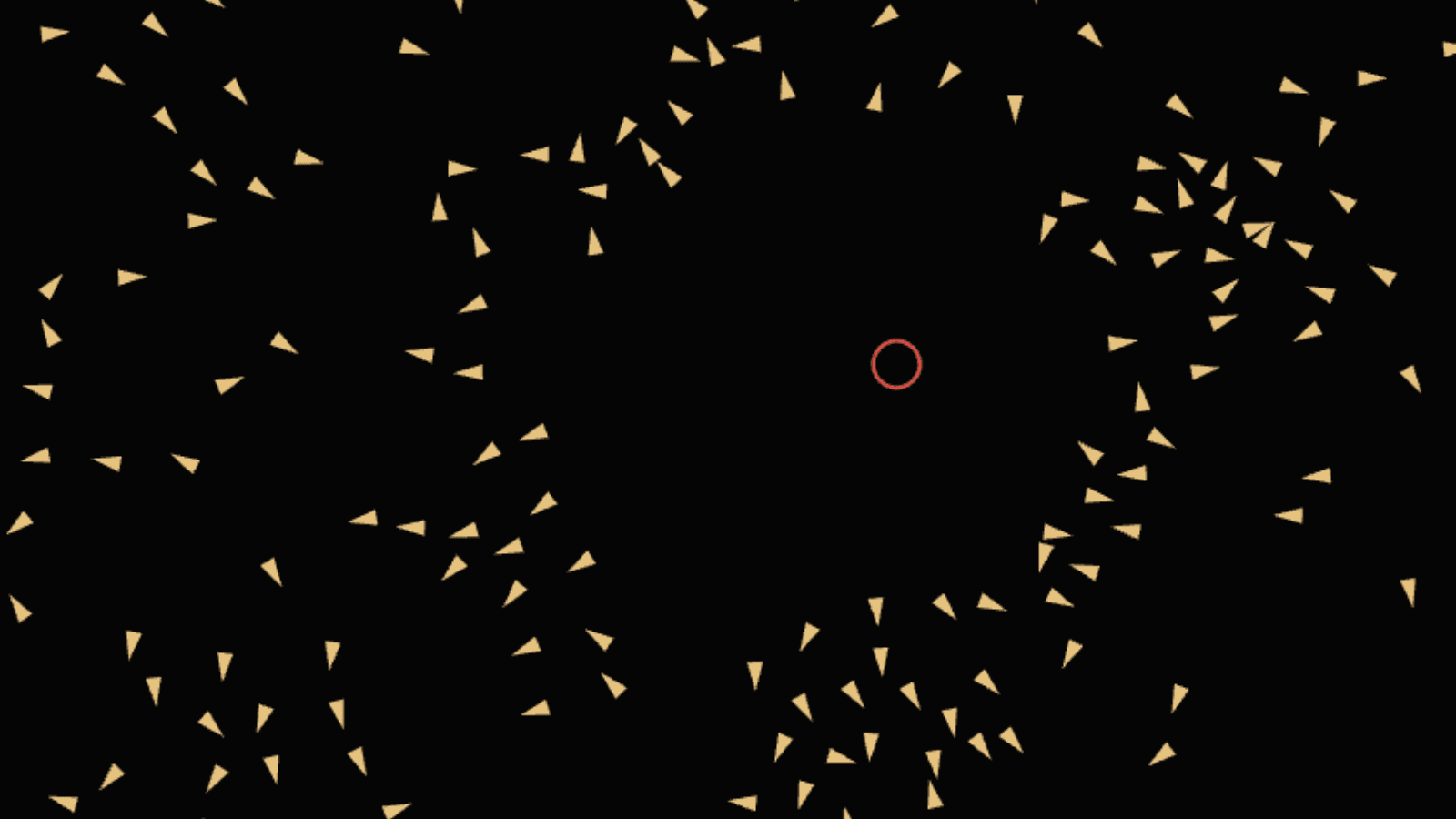 Small gold triangles flocking across a dark canvas, parting around a red predator ring